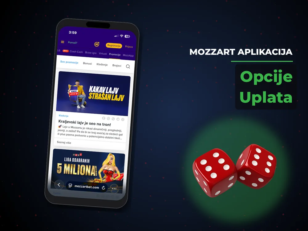 Mozzart Aplikacija - Opcije Uplata